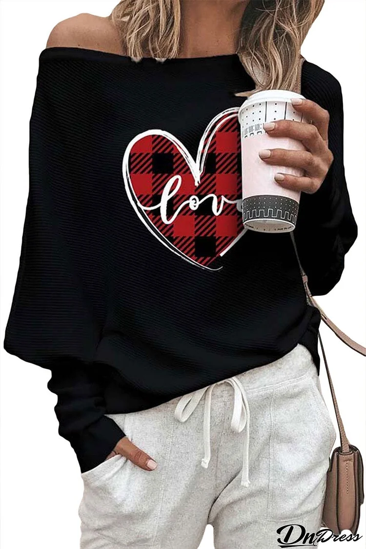 Valentine Love Heart Plaid Printed Splicing Bat Sleeve Top