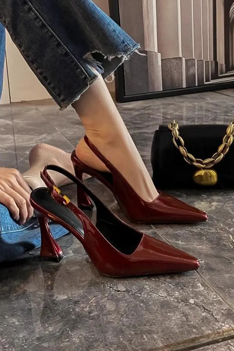 Solid Color Pointed Toe Slingback Strap Buckle Sandals Heels