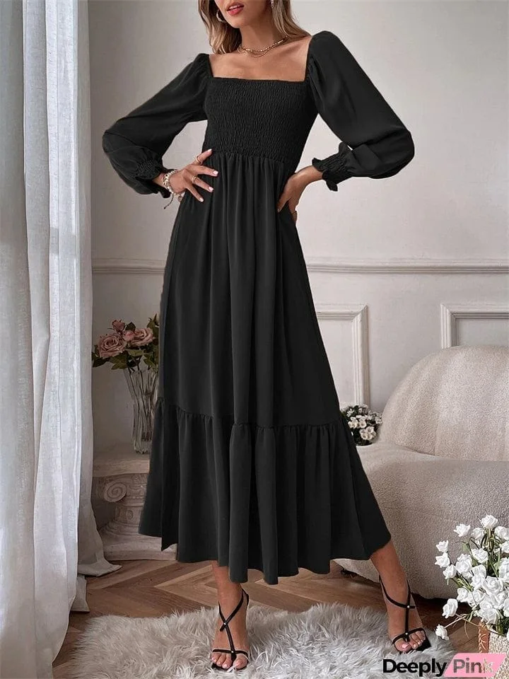 Square Collar Office Ruffled Long Sleeve Trendy Office Ladies Dresses