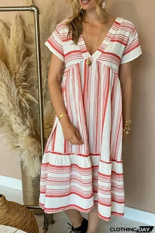 Stripe Print V Neck Dress