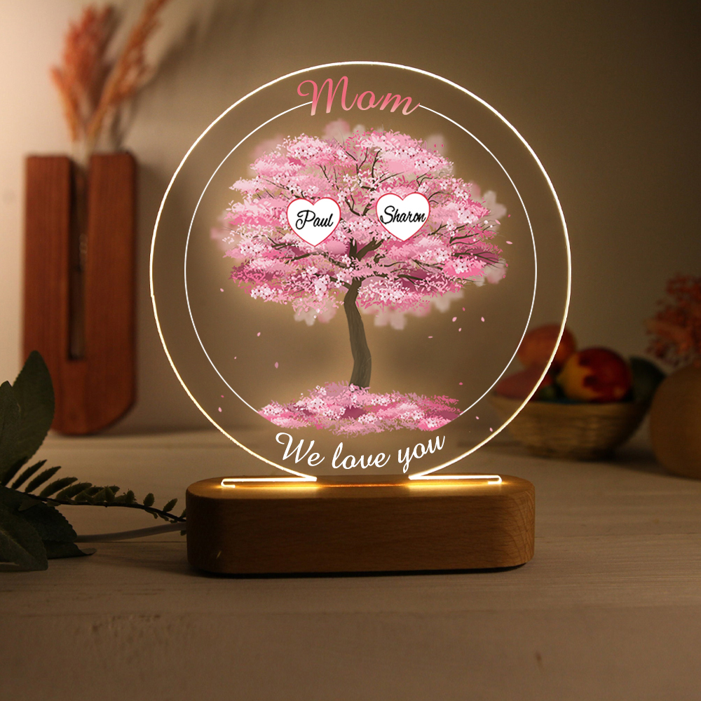 2 Names - Personalised Acrylic Night Light Custom 2 Texts Pink Family Tree LED Lamp Gifts for Mother/Grandma-Jessemade AU
