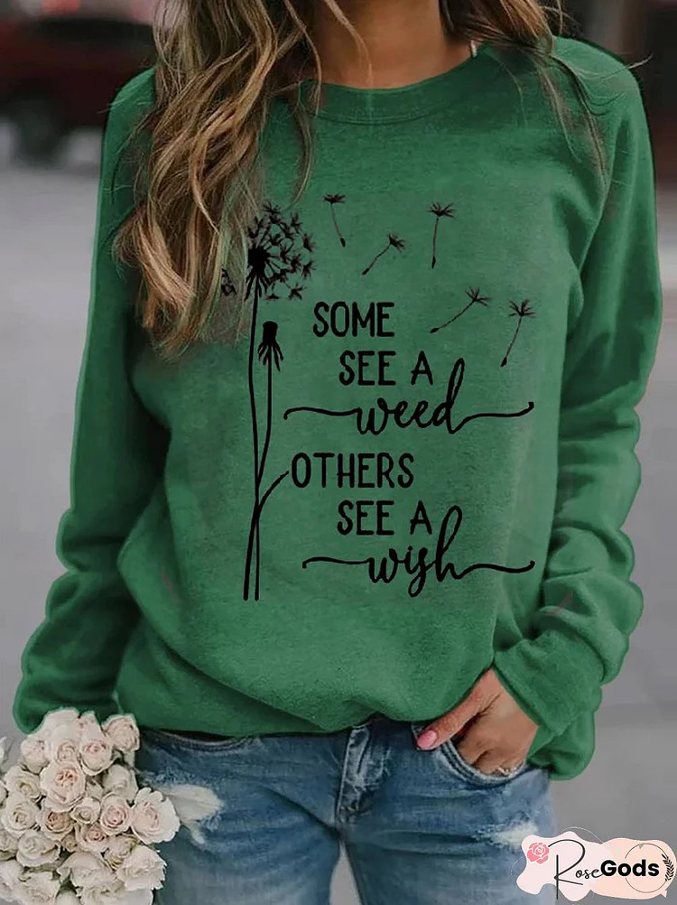 Casual Autumn Dandelion Loose Knitted Fabric Long Sleeve Crew Neck Regular Sweatshirts For Women