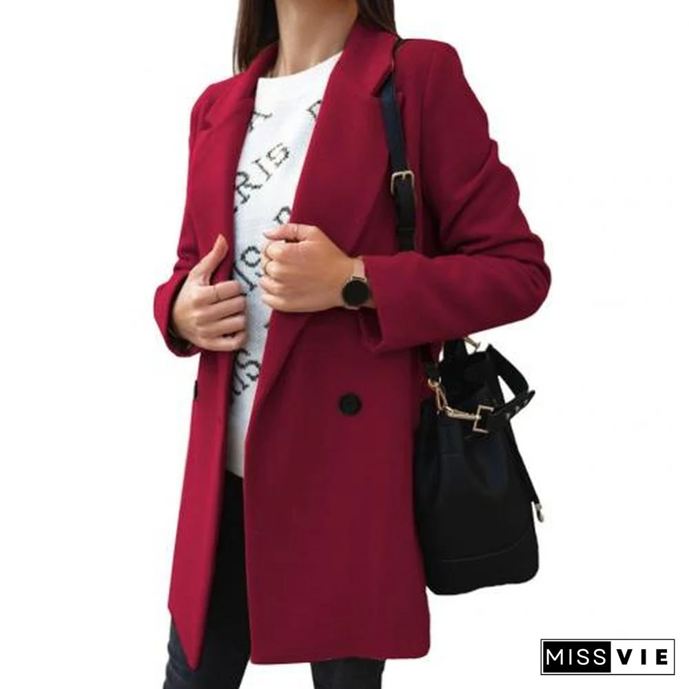 Women Autumn Winter Fashion Wide Lapel Double-Line Buttons Warm Coat Outwear