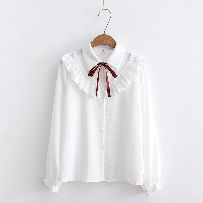 2019 Woman Striped Shirt Single Breasted Ruffles Turn down Collar Long Sleeve Cotton Blouse Lace Up Bow Feminina Sales T8D408Z