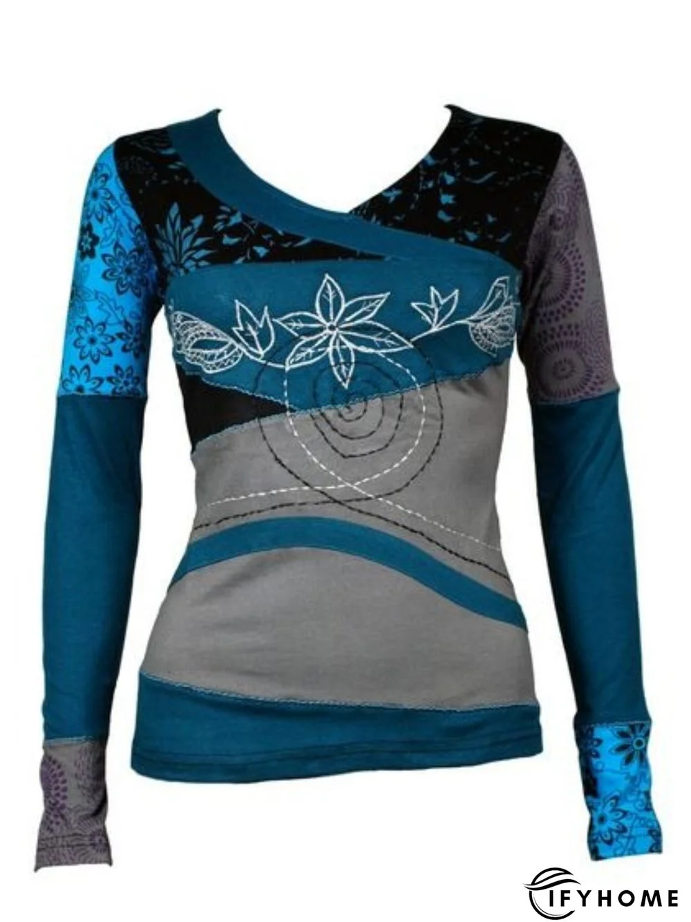 Casual Long Sleeve V Neck Printed Tunic Top Women | IFYHOME