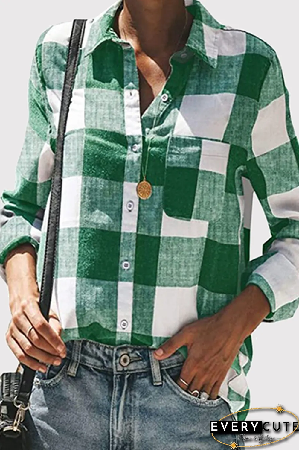 Casual Plaid Pocket Buckle Turndown Collar Tops