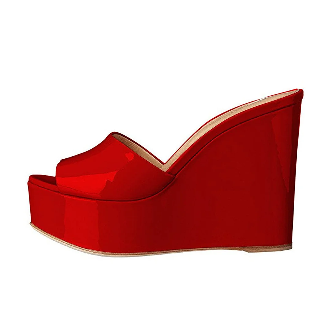 Red Patent Leather Round Toe Wide Band Platform Mules with Wedge Heel