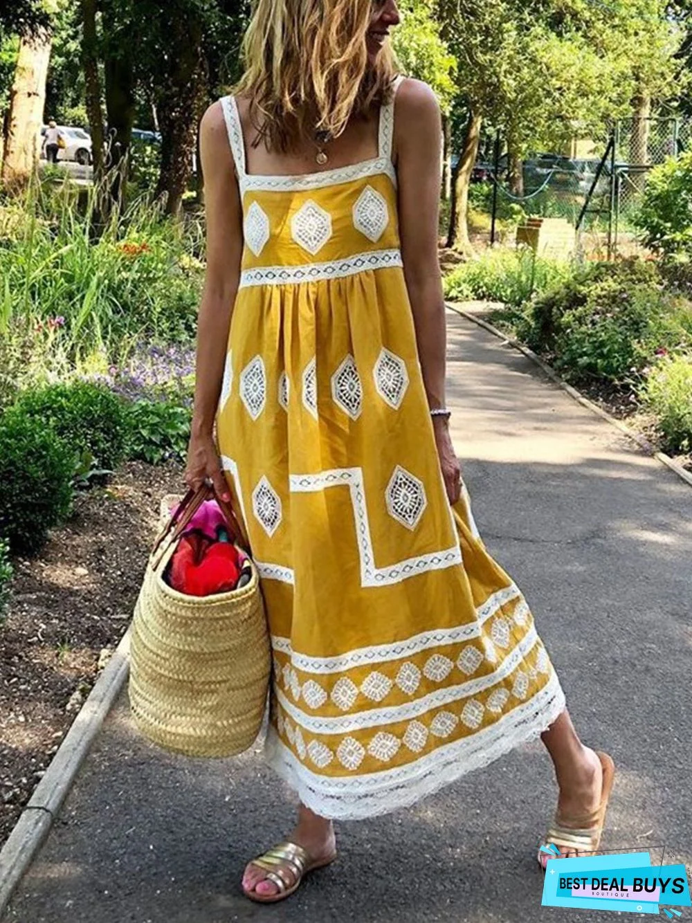Women Boho Holiday Graphic Linen Maxi Dress