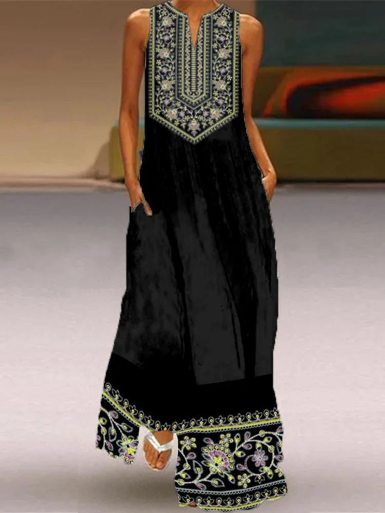 Vintage Floral Art Pattern Flowy Maxi Dress
