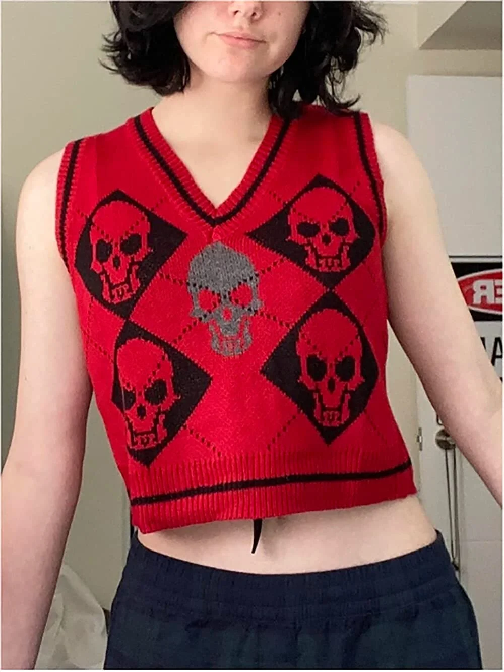 Y2K Gothic Skull Argyle Print Knitted V-neck Black Vest BE359