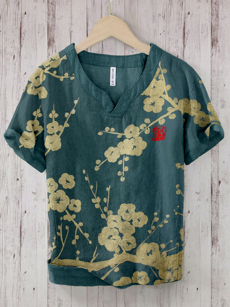 menweary Japanese Plum Blossom Art Linen Blend V Neck Shirt
