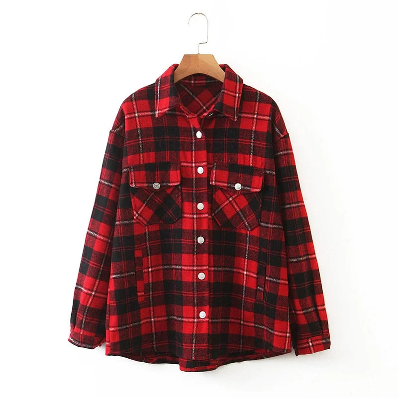Fitshinling Vintage Checker Blouse Shirt Women Pockets Long Sleeve Tops 2021 High Quality Plaid Oversized BF Shirts Female Sale
