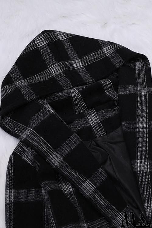 MidiSono - Pockets Plaid Long Hoodie Coat