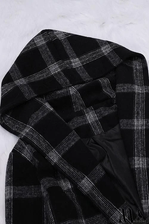 MidiSono - Pockets Plaid Long Hoodie Coat