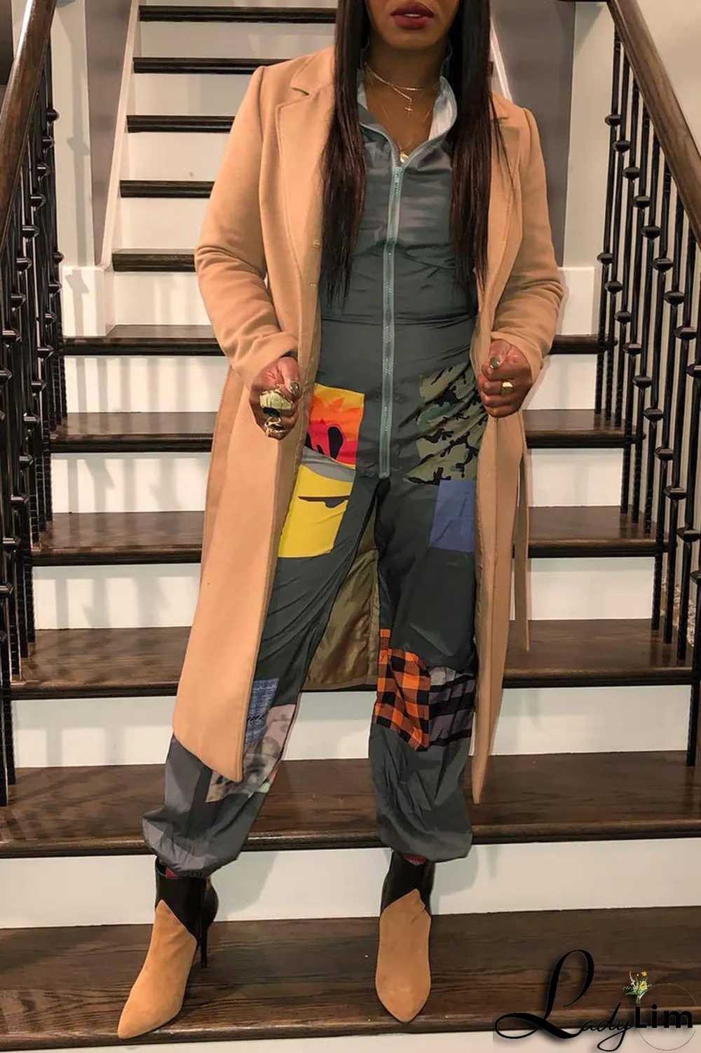 Black Sexy Patchwork Colorblock Printing O Neck Jumpsuits