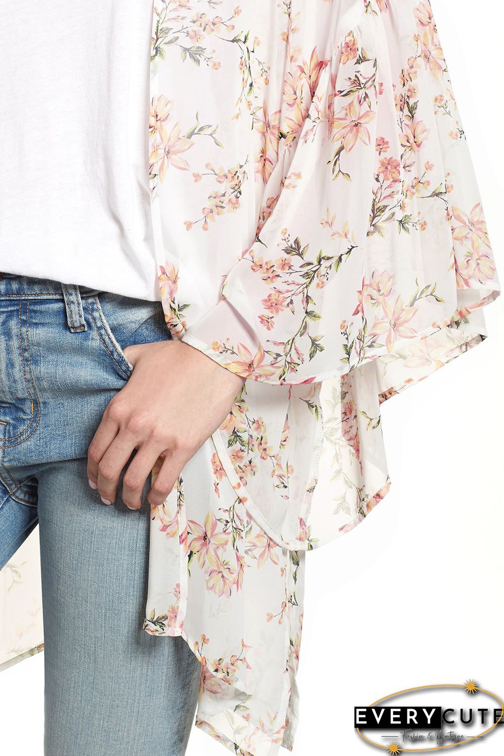 White Floral Print Ruffled Long Sleeves Kimono