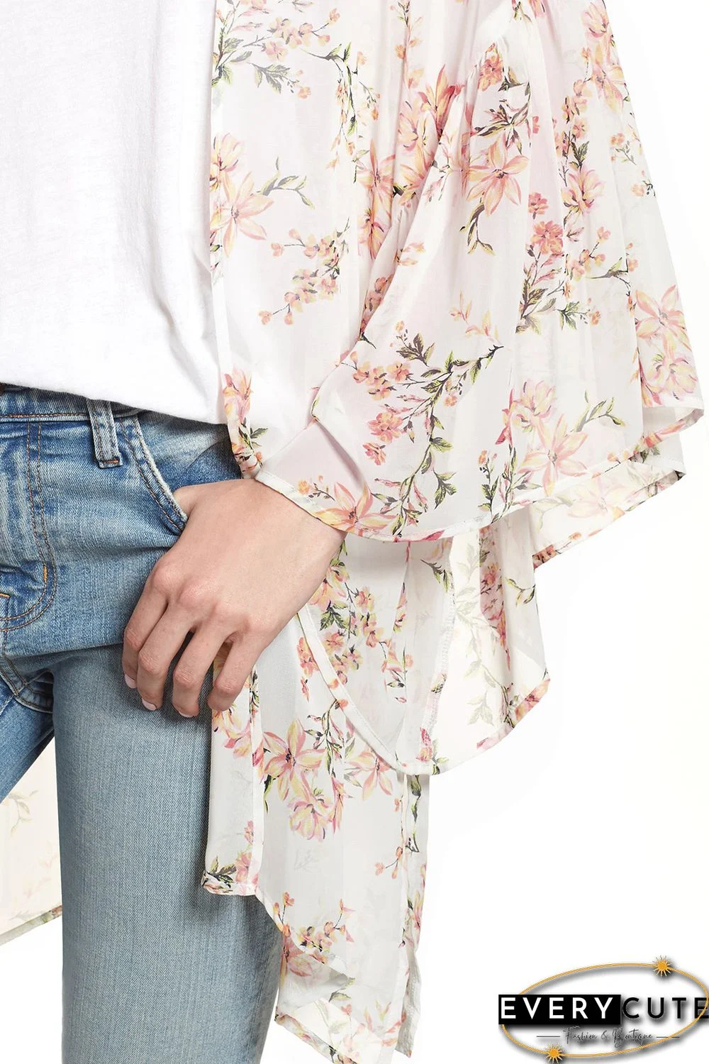 White Floral Print Ruffled Long Sleeves Kimono