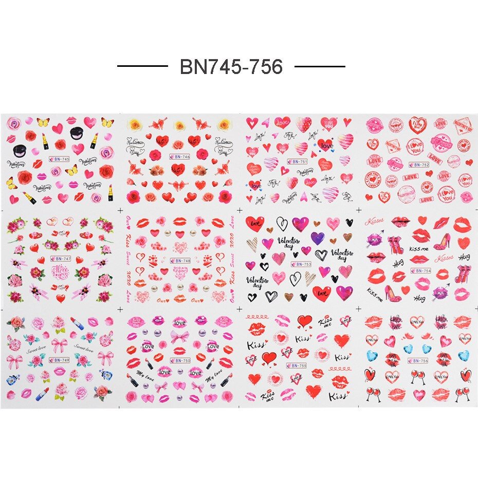 12Pcs/Set Nail Stickers Water Transfer Love Rose Net Red Girl Style Designs Nail Decal Decoration Tips For Beauty Salons