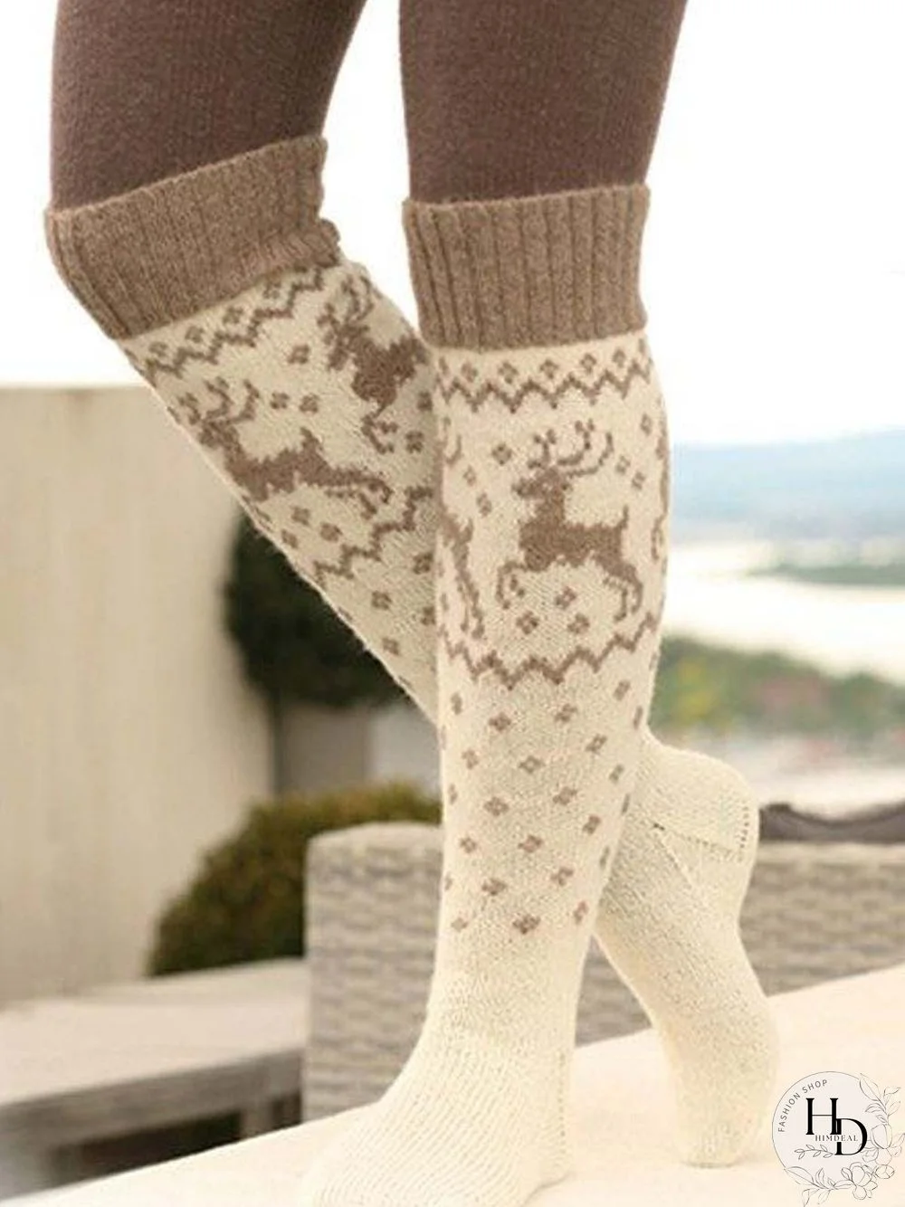 High Elastic Cotton Printed Winter Beige Socks