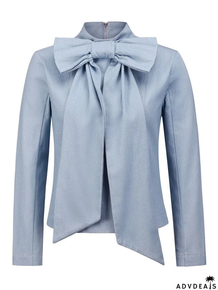 Office Lady Lovely Oversize Bow Classic Blue Denim Blouses