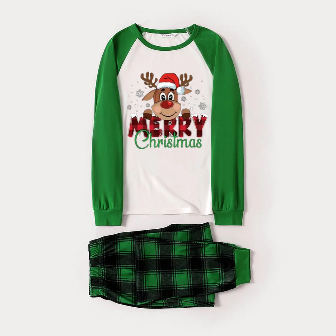 Merry Christmas and Deer Print Long Sleeve Top With Green & Black Plaid Christmas Family Matching Pajamas