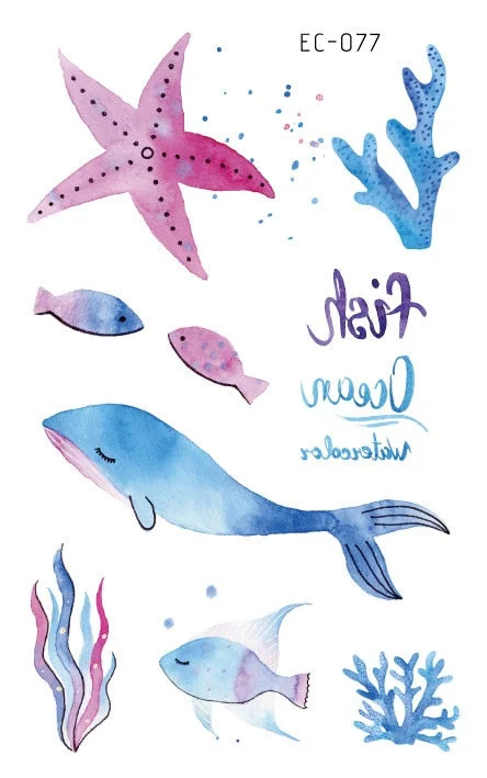 24 kinds Temporary Tattoo Stickers for Kids Cute Cartoon Tropical Fish Marine faux tatouage temporaire Disposable Children Gift