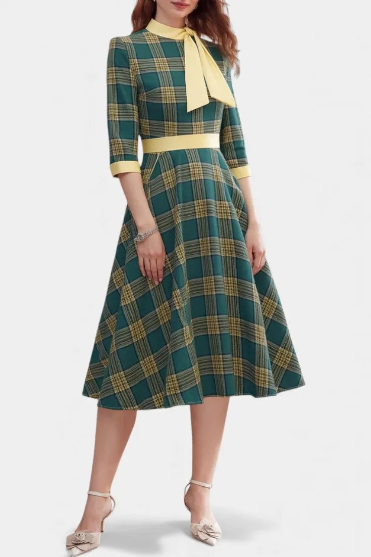 Plaid A-Line Dress with Neck Bow and 3/4 Sleeves
