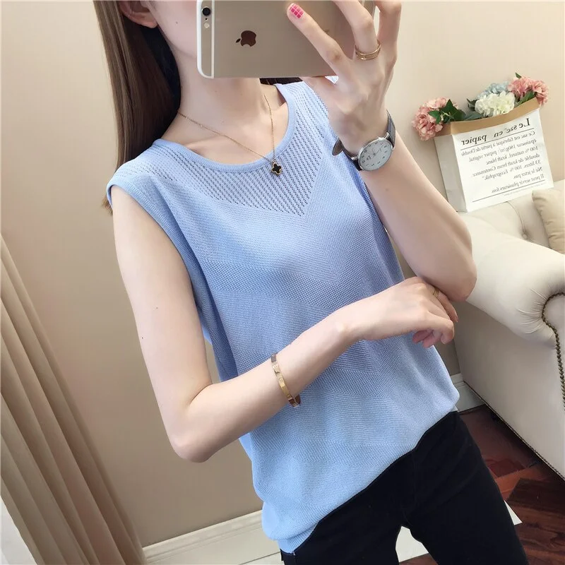 19855 ice silk solid round neck sleeveless vest 32