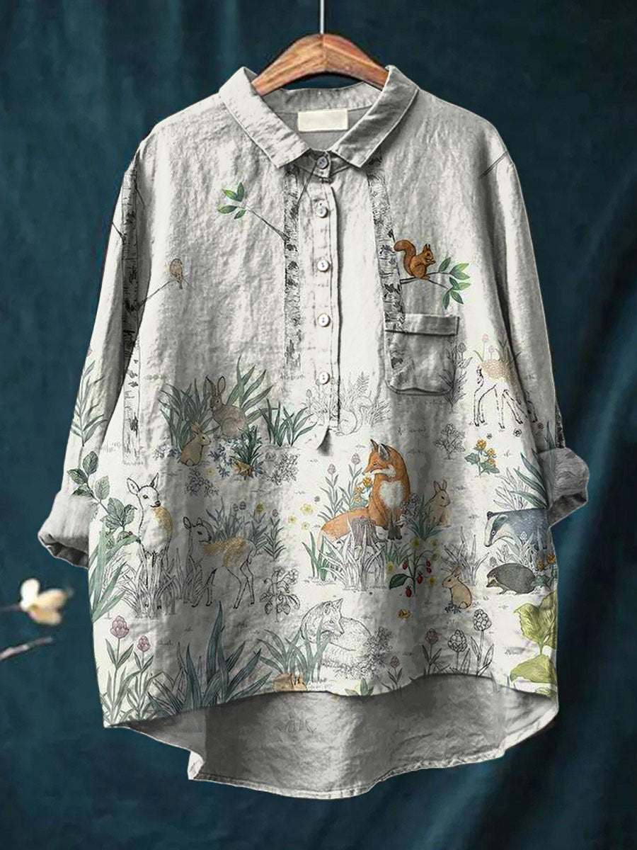 Vintage Lovely Woodland Animals Art Print Casual Cotton And Linen Shirt