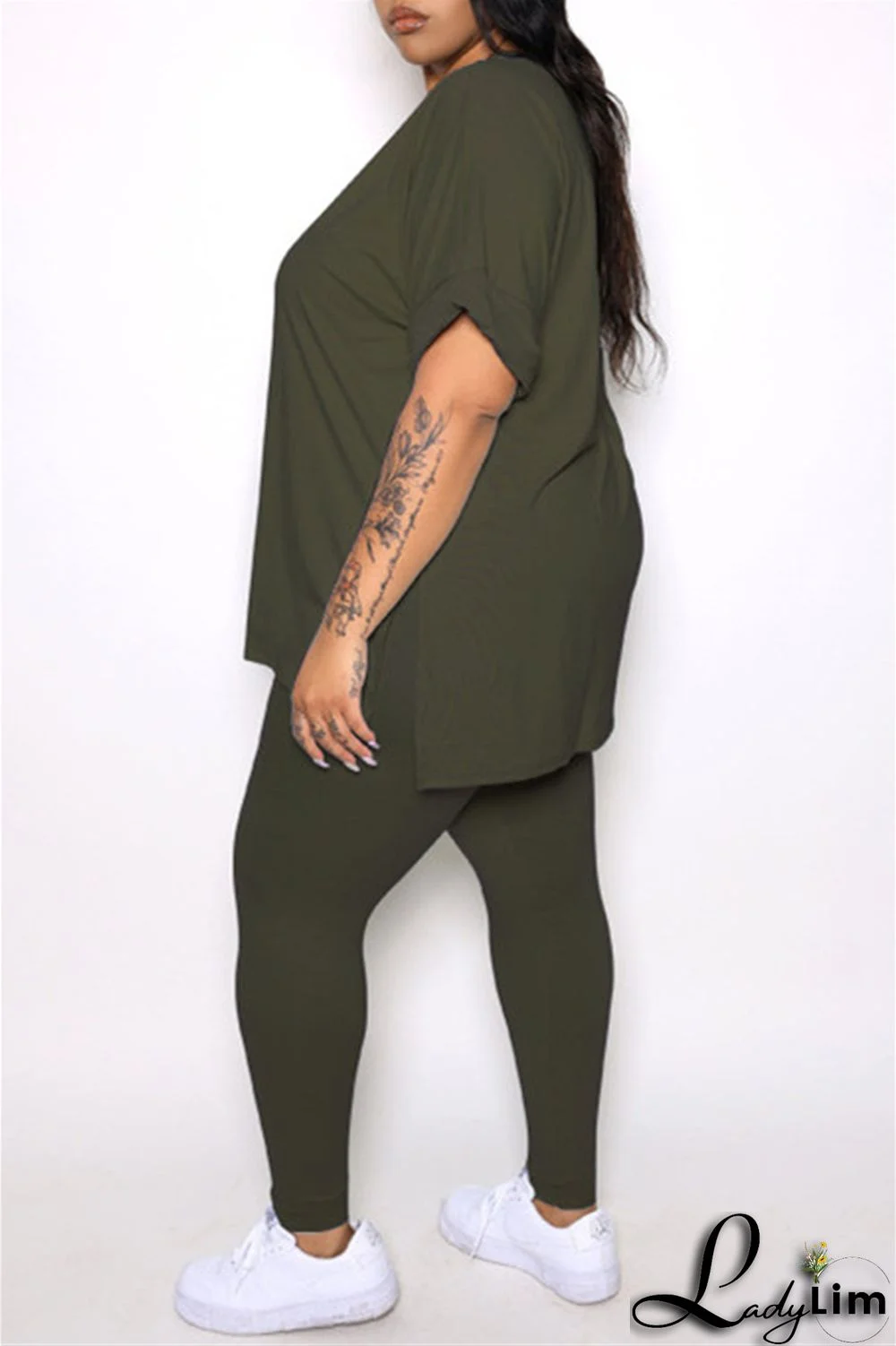 Tibetan Blue Fashion Casual Solid Slit V Neck Plus Size Two Pieces