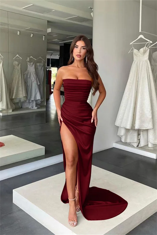 Gorgeous Pink Strapless Mermaid Prom Dress with Pleats and Beaded Split Online main image 1
