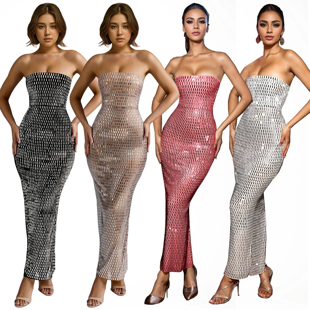 Women's Sexy Rhinestones Strapless Slim Waist Sequin Long Dress Party Gowns