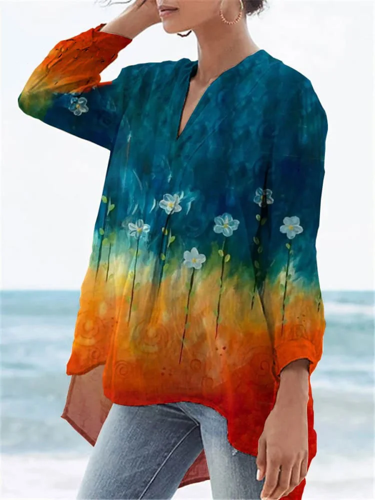 Women's  Flower Print Casual Linen V-neck Shirt