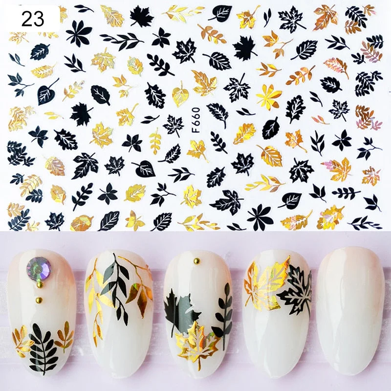 1 Sheet iridescent Nail Sticker Black leave 3D Transfer Beautiful Nail Decals Decoration Summer Popupar DIY Nail Design