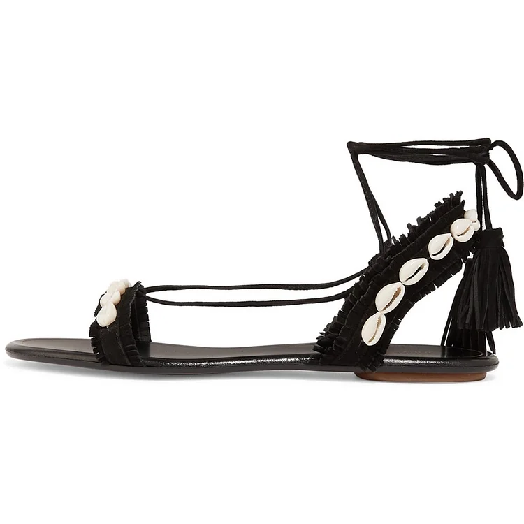 Black Suede Tassel Fringe Flat Sandals Vdcoo