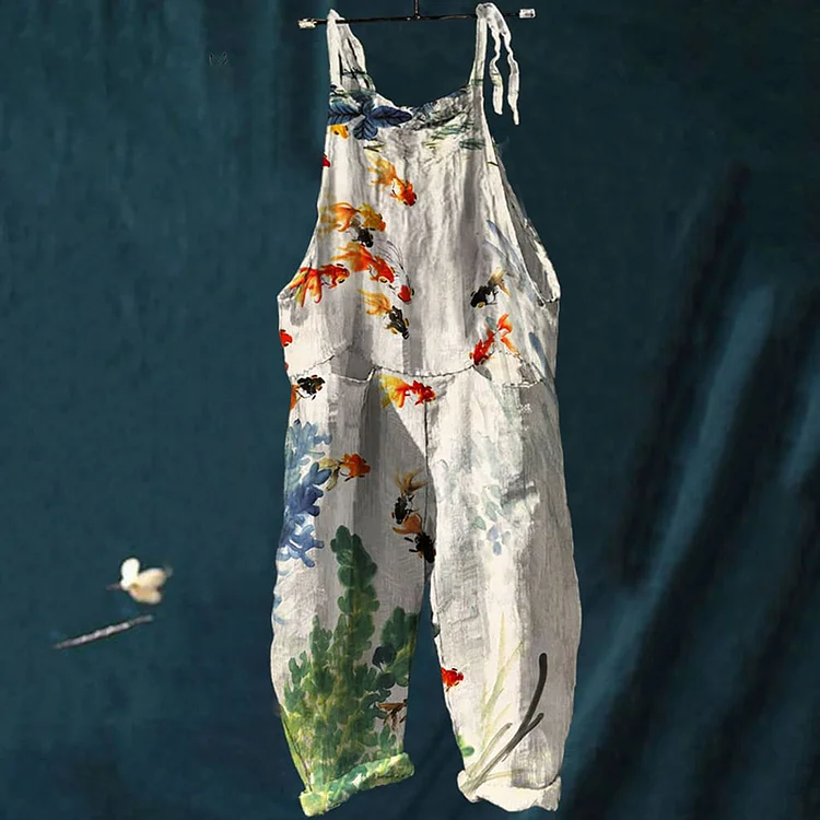 Comstylish Retro Vintage Watercolor Fish Art Print Linen Loose Casual Jumpsuit