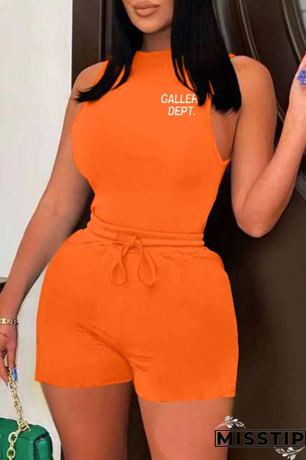 Orange Street Print Letter O Neck Sleeveless Two Pieces