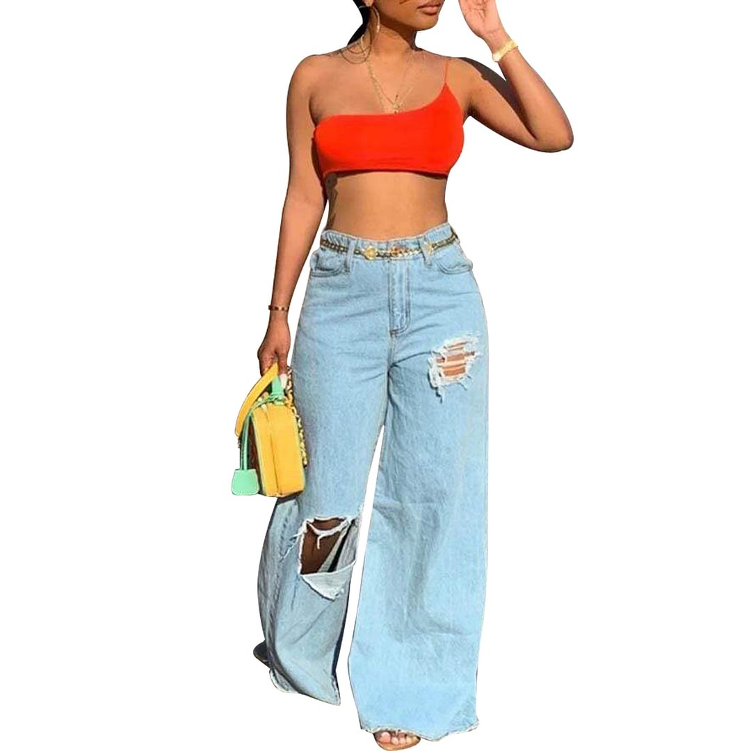 Sexy Women Clothing Irregular Ripped Loose Women's Jeans