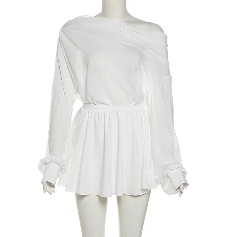 Toloer White Sheer Off-shoulder Top And Pleated Mini Skirt Set-Outfit Ideas