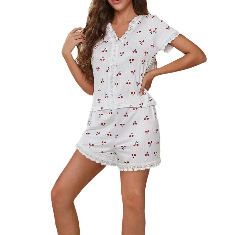 Churchf Geist Pajamas Autumn And Summer Sexy V-Neck Lace Cherry Print T-Shirts With Short Sleeve Shorts Homewear