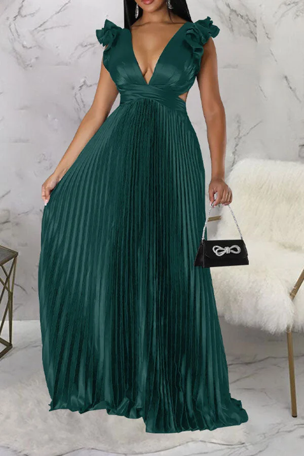 Solid Color Romantic Pleated Maxi Dress
