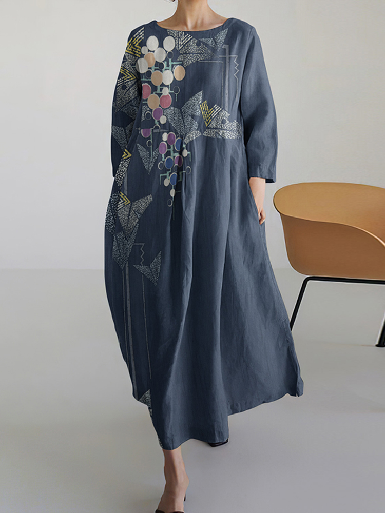 Comstylish Flower Print Round Neck Loose Midi Dress