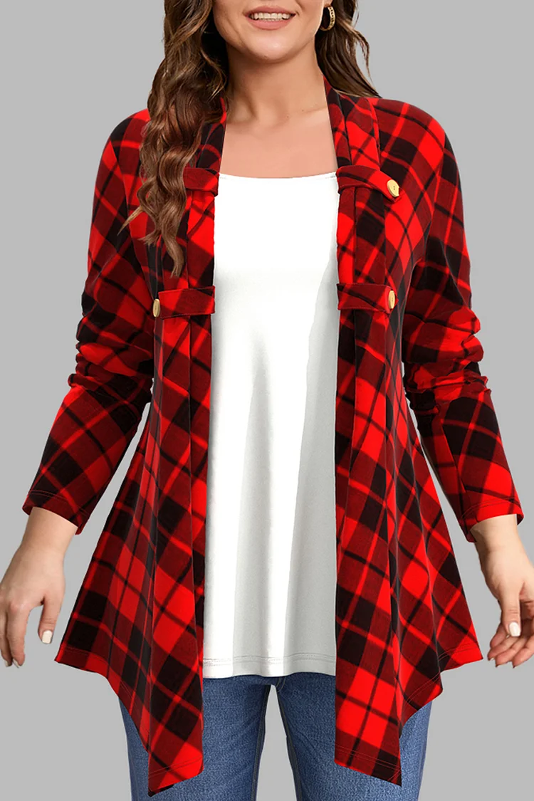 Flycurvy Plus Size Red Colorblock Plaid Print 2 in 1 Blouse  Flycurvy [product_label]