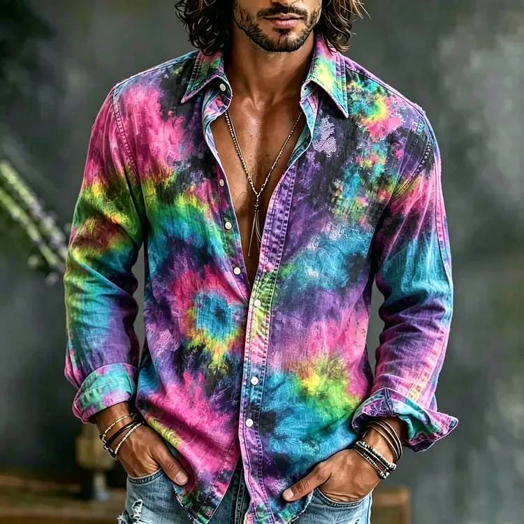 Men's Retro Hippie Tie-dye Art Print Linen Blend Long-sleeve Shirt