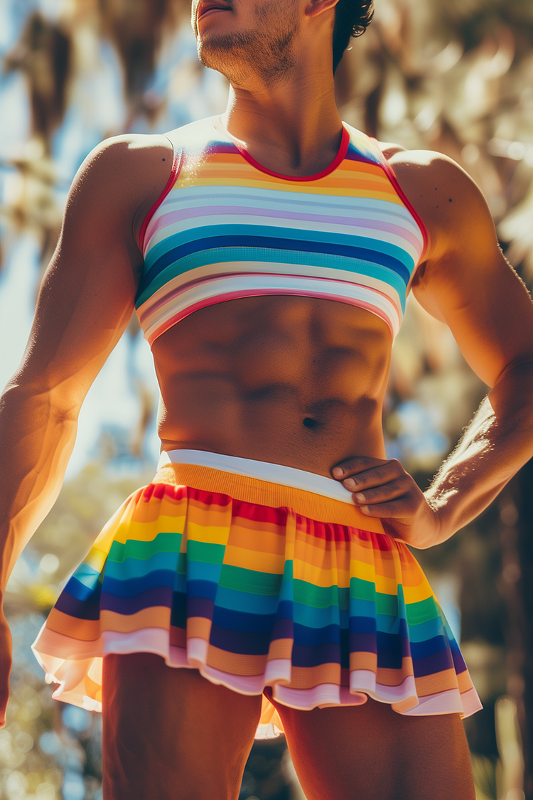Ciciful Rainbow Stripe Print Crop Tank Top Pleated Festival Mini Skirt Two Piece Set