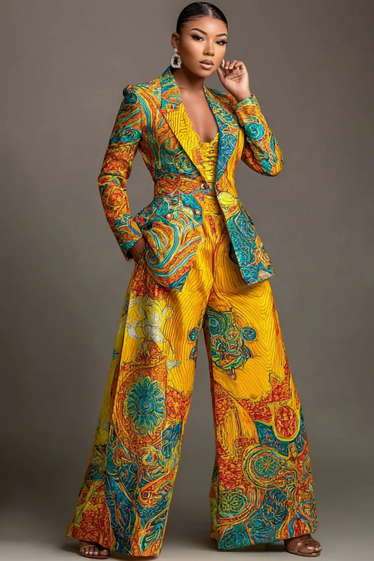 Xpluswear Design Plus Size Formal Yellow African Print Lapel Collar Long Sleeve Pocket Wide Leg Two Piece Pant Suits 2024 - Xpluswear