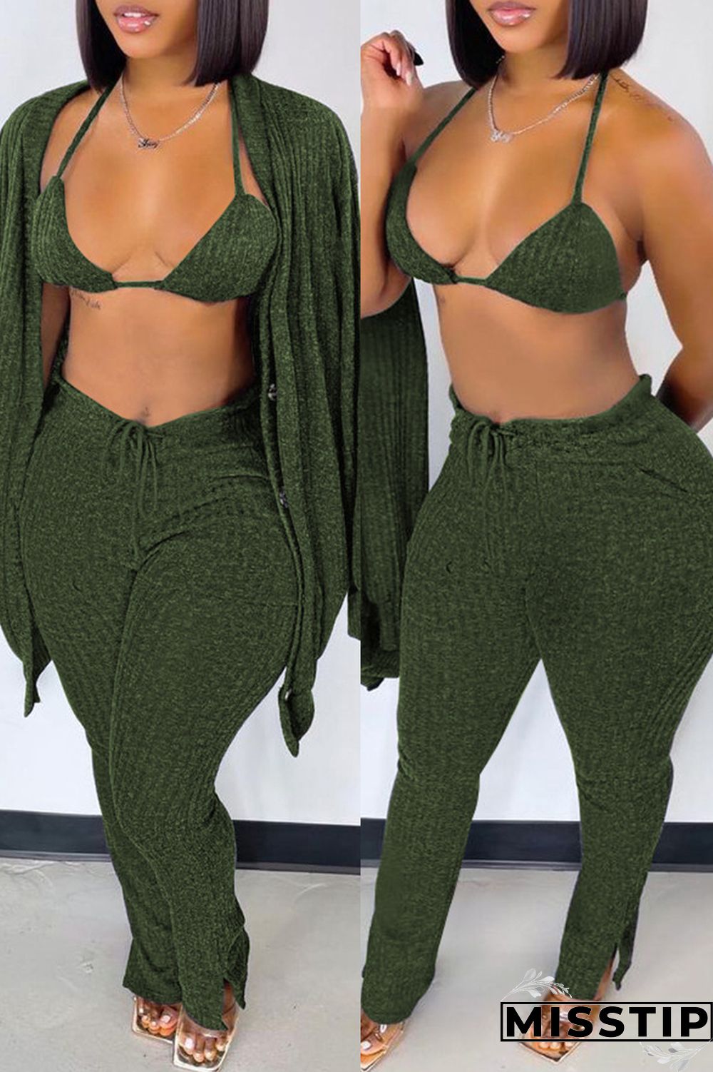 Blue Fashion Casual Solid Cardigan Vests Pants Long Sleeve Three-piece Set