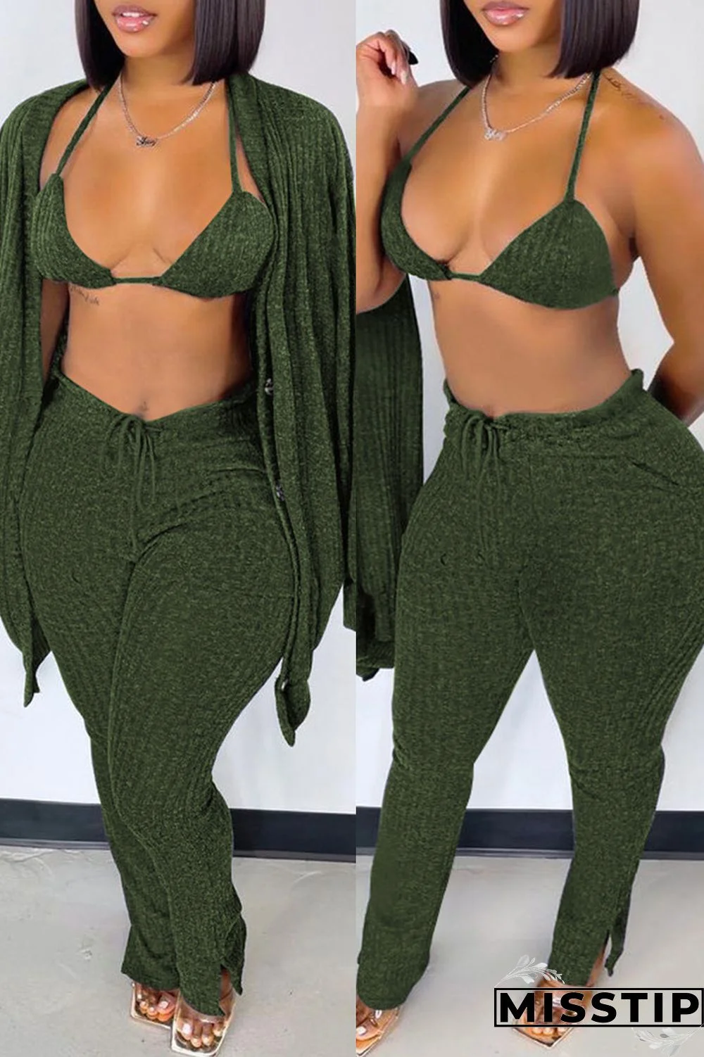 Blue Fashion Casual Solid Cardigan Vests Pants Long Sleeve Three-piece Set