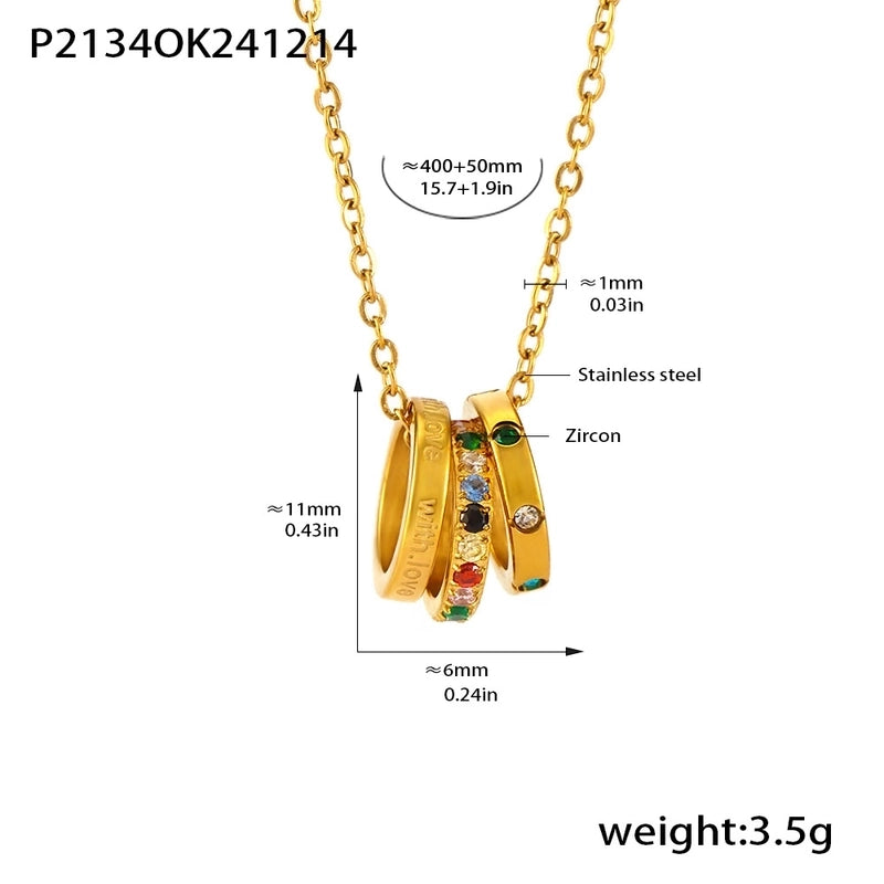 Elegant Classic Style Three Rings Letter 304 Stainless Steel Zircon 18K Gold Plated Pendant Necklace