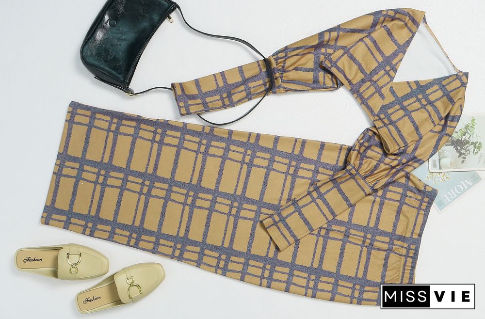 Plaid Long Sleeve Crop Top Bodycon Maxi Skirt Set